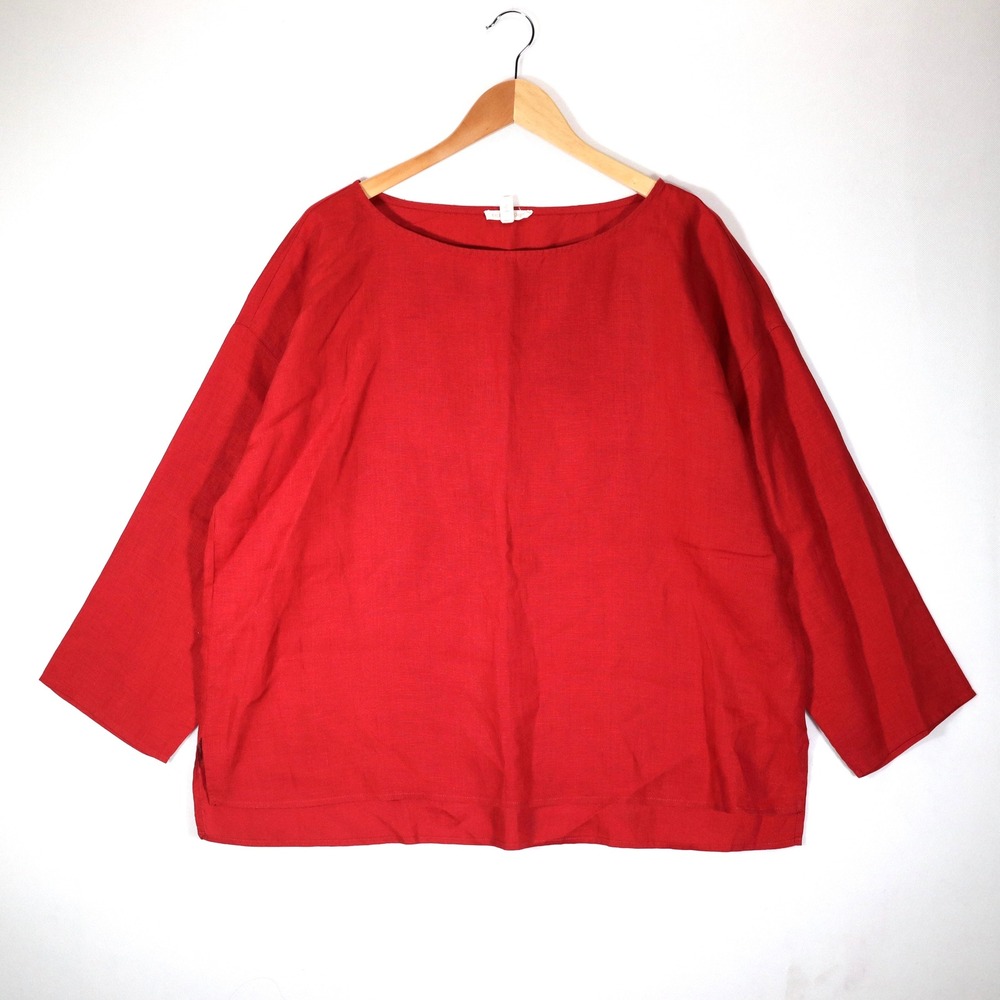 Eileen Fisher Top Women XL Red Organic Linen Boxy Boat Neck Casual Summer
